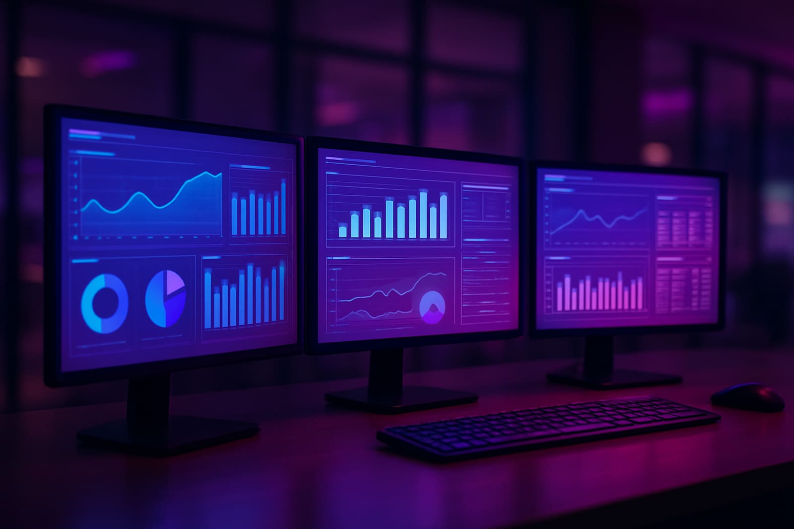 Monitores exibindo painéis de gestão empresarial com gráficos e indicadores