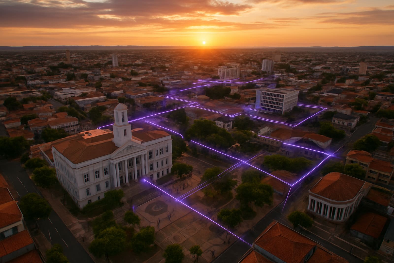 Vista aérea de cidade com prédios públicos conectados por linhas de dados, representando a gestão pública digital
