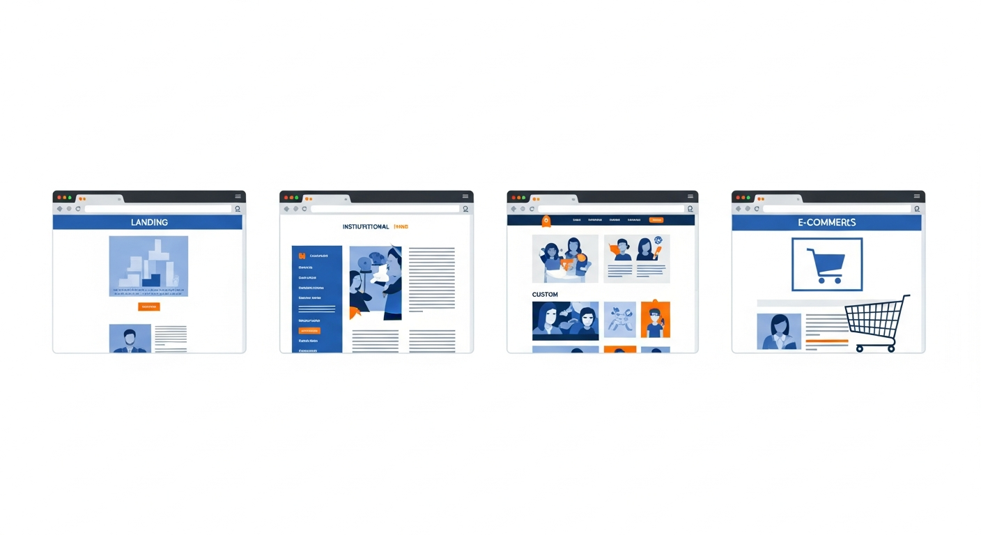 Comparação dos tipos de site: landing page, institucional, sob medida e e-commerce