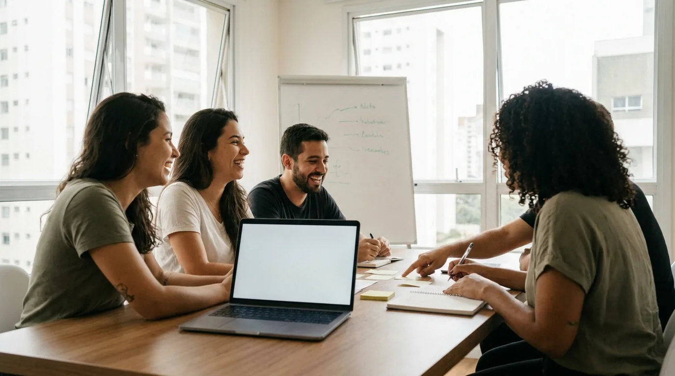 Equipe de vendas de pequena empresa em treinamento de uso de CRM