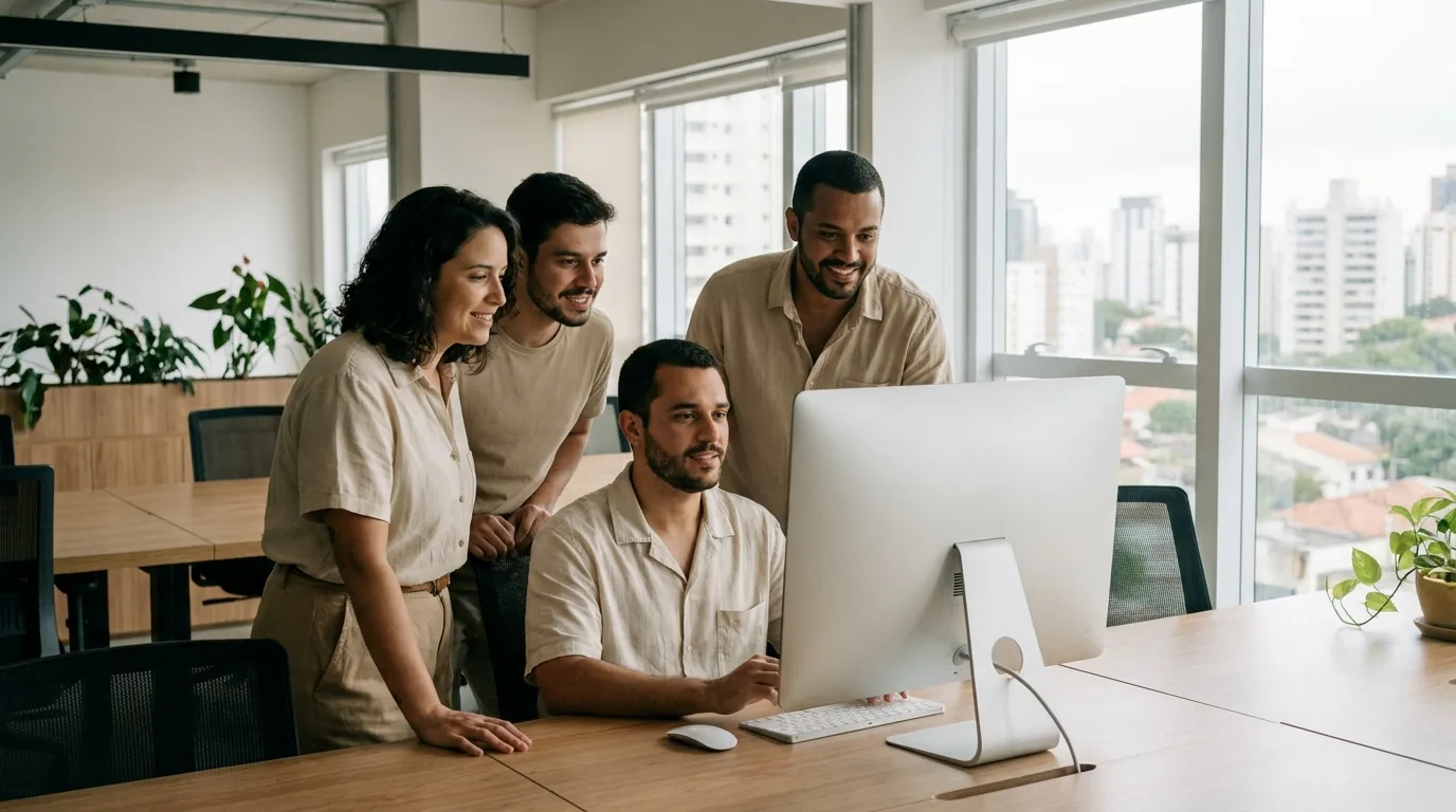 Equipe de pequena empresa acompanhando funil de vendas em CRM na tela do computador