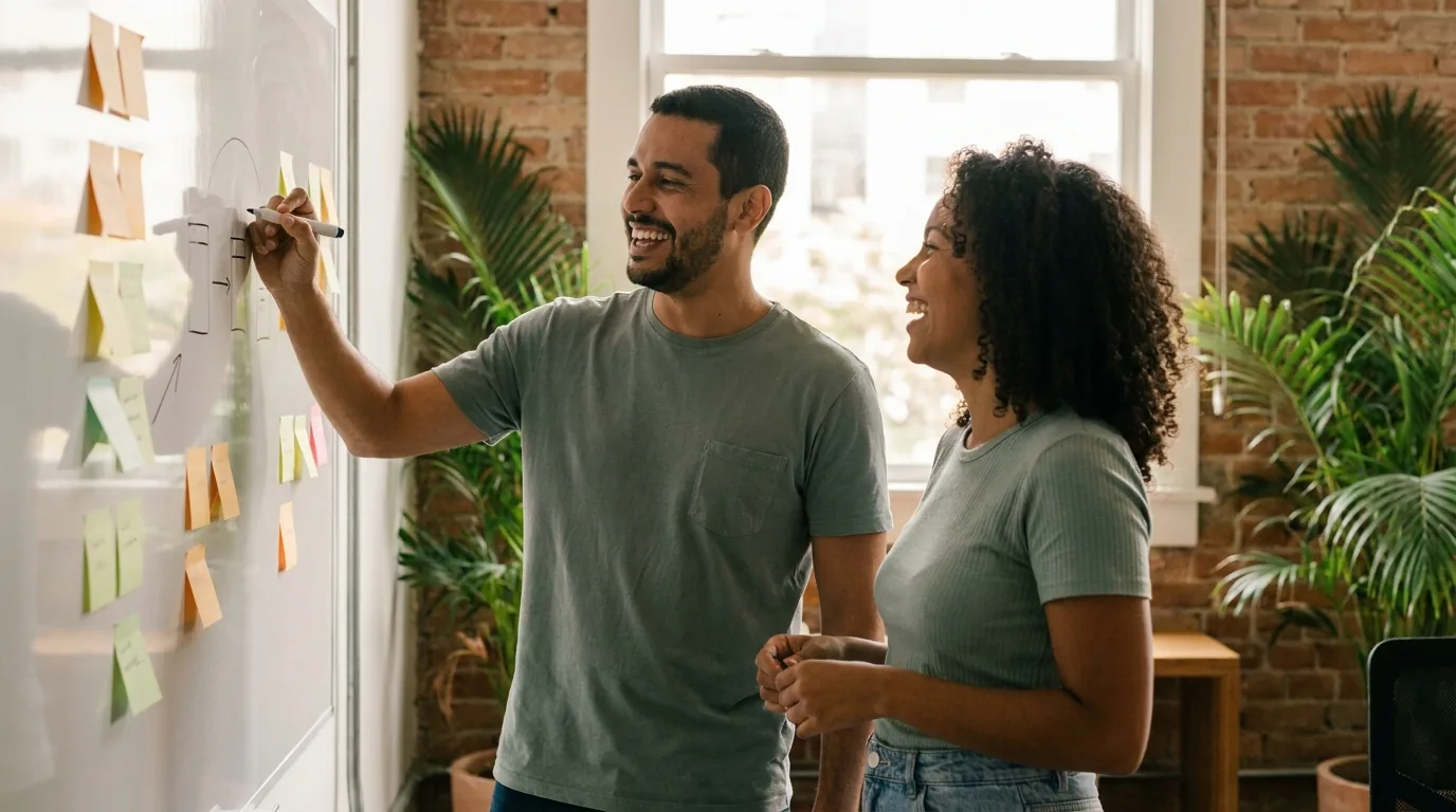 Equipe desenhando etapas do processo de vendas em quadro branco antes de configurar o CRM