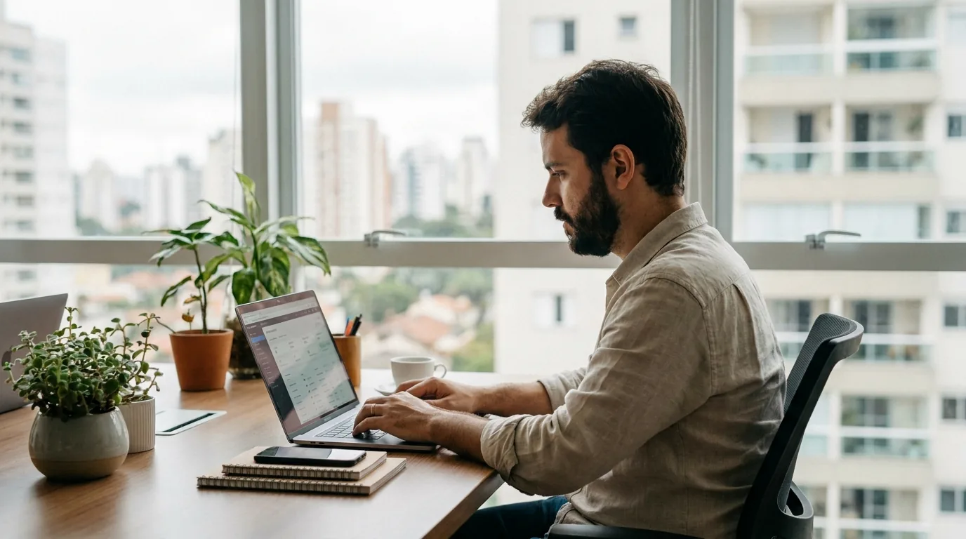 Profissional fazendo manutenção de site em notebook com painel de administração aberto
