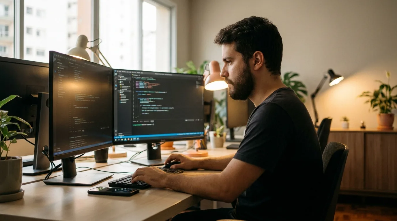 Desenvolvedor personalizando tema de site WordPress em ambiente de trabalho