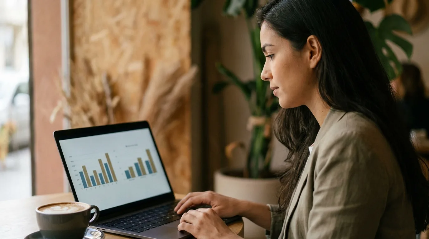 Empreendedora comparando plataformas de criação de site em notebook