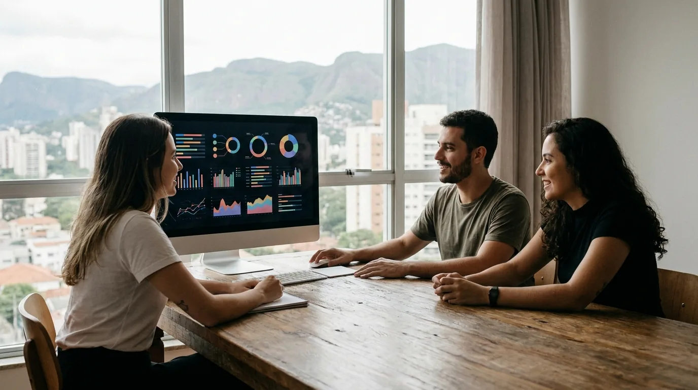 Equipe de uma agência de tráfego pago analisando resultados de campanhas em reunião