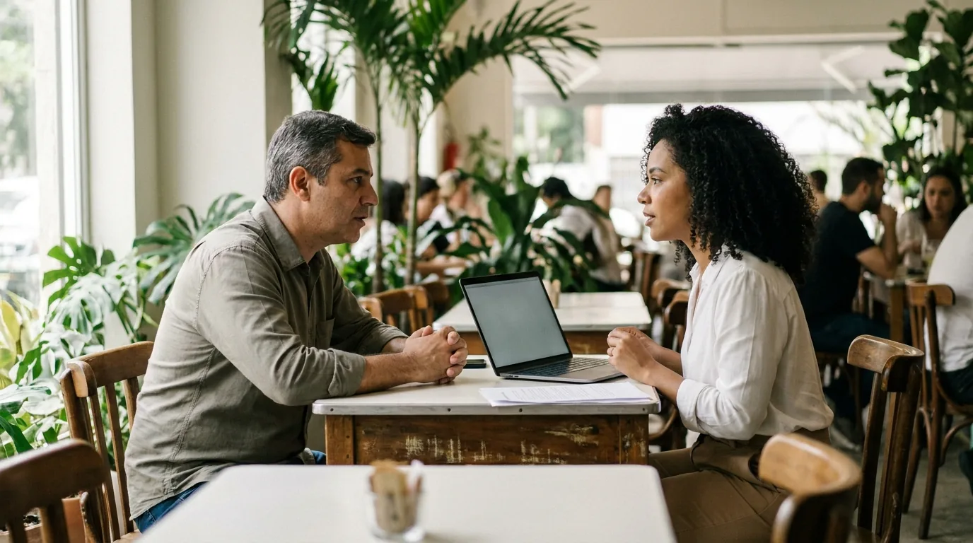 Empresário conversando com consultor de agência de tráfego pago antes de contratar