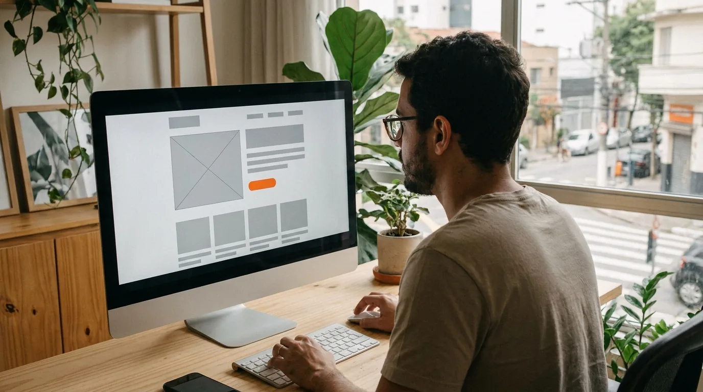 Designer montando o layout de uma landing page no computador